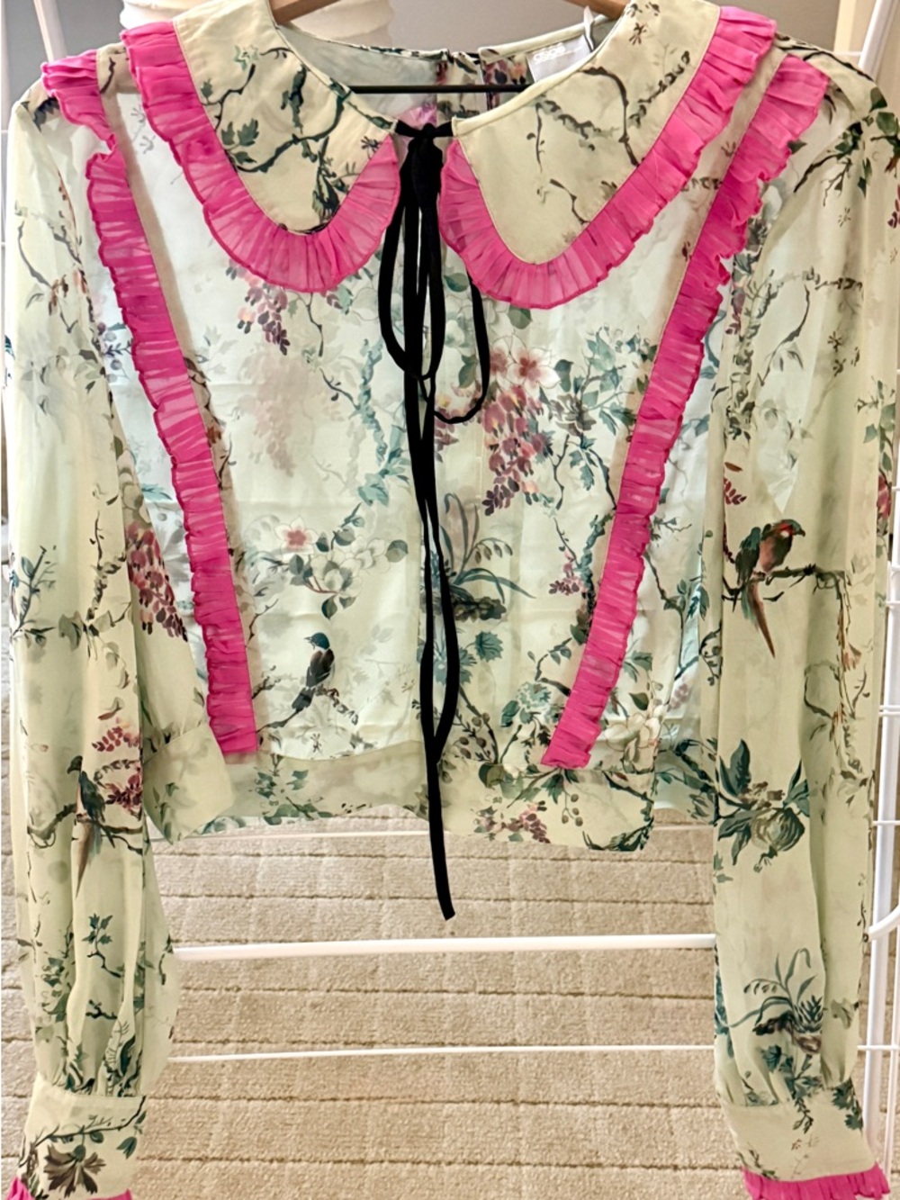 ASOS Sheer Floral & Bird Print Blouse with Pink Ruffle Trim US 14